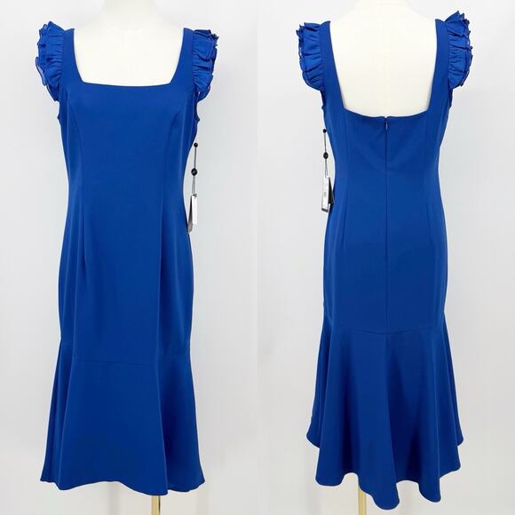 Adrianna Papell Bluebsatin Crepe High Low Dress 4 Ruffle Sleeve Cocktail Party - Picture 2 of 10